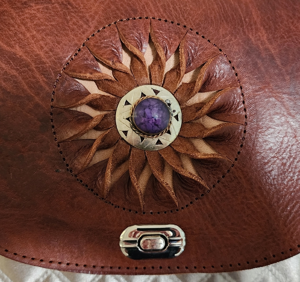 Moroccan Brown Leather Bag with Purple Stone Accent - NWOT